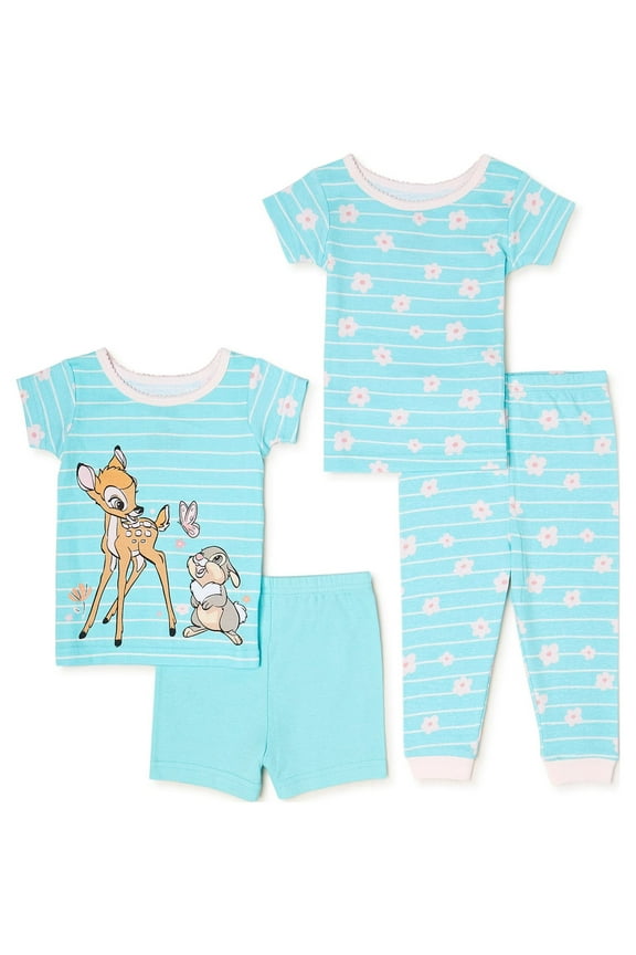 Bambi Baby and Toddler Girl T-Shirt, Short, and Pants Pajama Set, 4-Piece, Sizes 9M-24M
