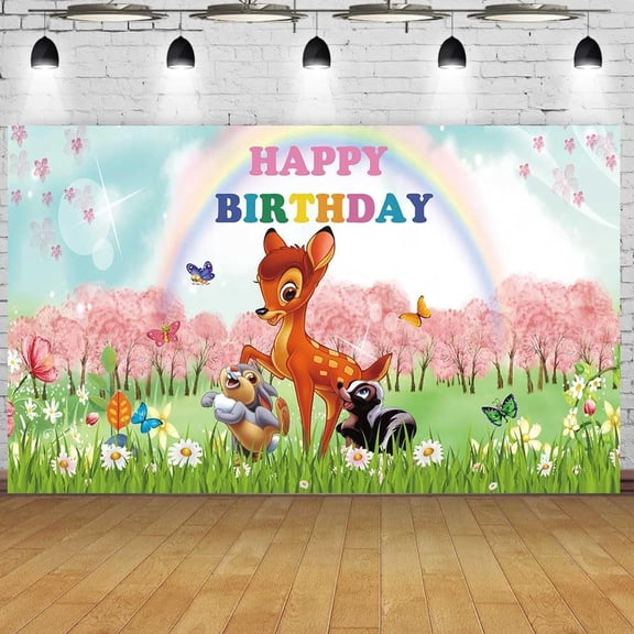 Bambi Backdrop for 1st Birthday Party Pink Flowers Bambi and Butterfly Baby Shower Backdrop for Girl Spring Bambi Themed Happy Birthday Party Supplies