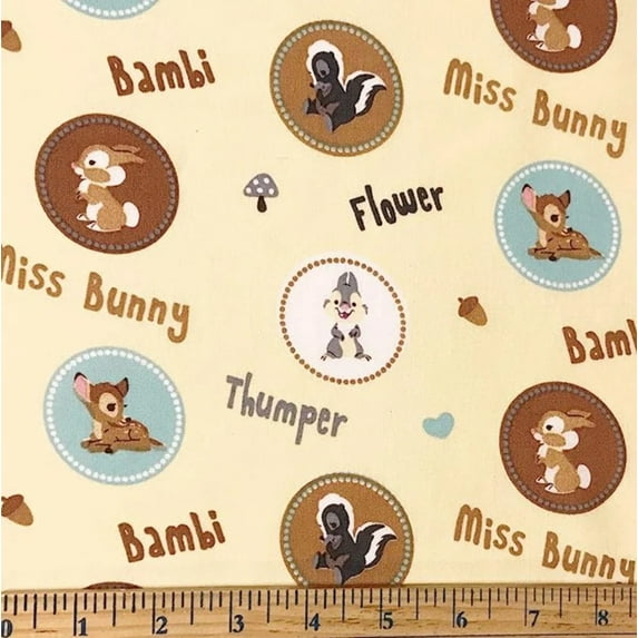 Bambi Friends Badges On Pale Yellow Cotton Fabric