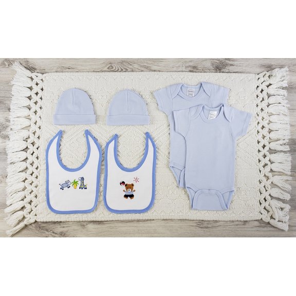 Set of 6 White and Blue Active Animals Baby Clothes, Caps and Bibs, - Medium