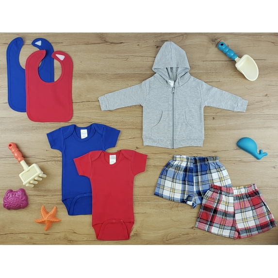 Bambini Baby Boy or Girl Newborn Layette Baby Clothes Shower Gift Set Bodysuit Bibs, Shorts 7-Piece