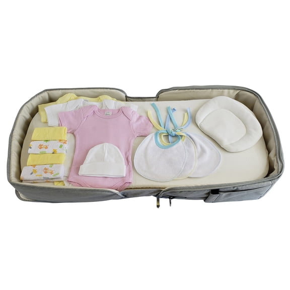 Bambini Baby Girls 12pc Baby Clothing Starter Set with Diaper Bag, Travel Diaper Backpack, Foldable Changing Table-Pink