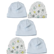 Set of 5 Blue And Teddy Bear Printed Assorted Cotton Baby Boy Beanie Cap, 8"