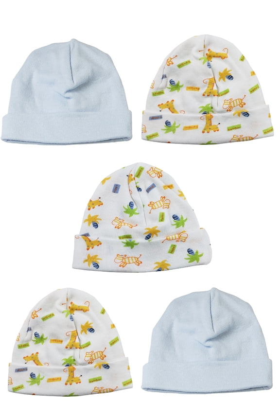 Set of 5 Solid Blue and Giraffe Printed Assorted Cotton Baby Boy Beanie Caps, 8"