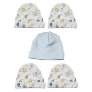 Set of 5 Blue and White Teddy Bear Printed Assorted Cotton Baby Boy Beanie Caps, 8"