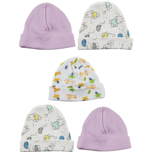 Set of 5 8" Pink and White Assorted Print Whimsical Girls' Beanie Baby Cap