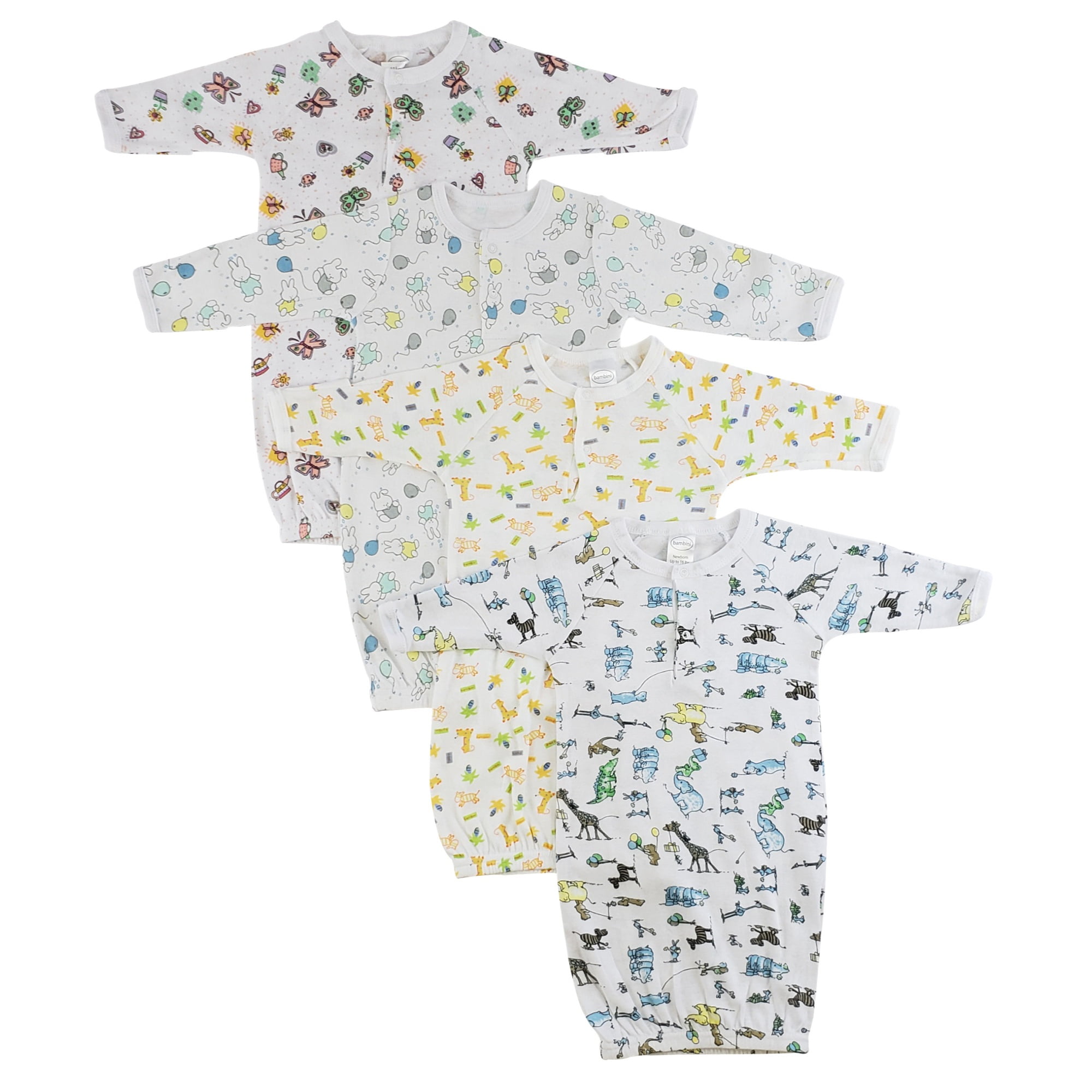 4-Piece White, Blue and Pink Cotton Printed Girls Newborn Gowns, 8"