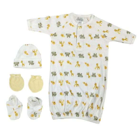 Bambini Layette Newborn Baby Boy, Girl, Unisex Infant Gown, Caps, Booties, Mittens - 4 pc