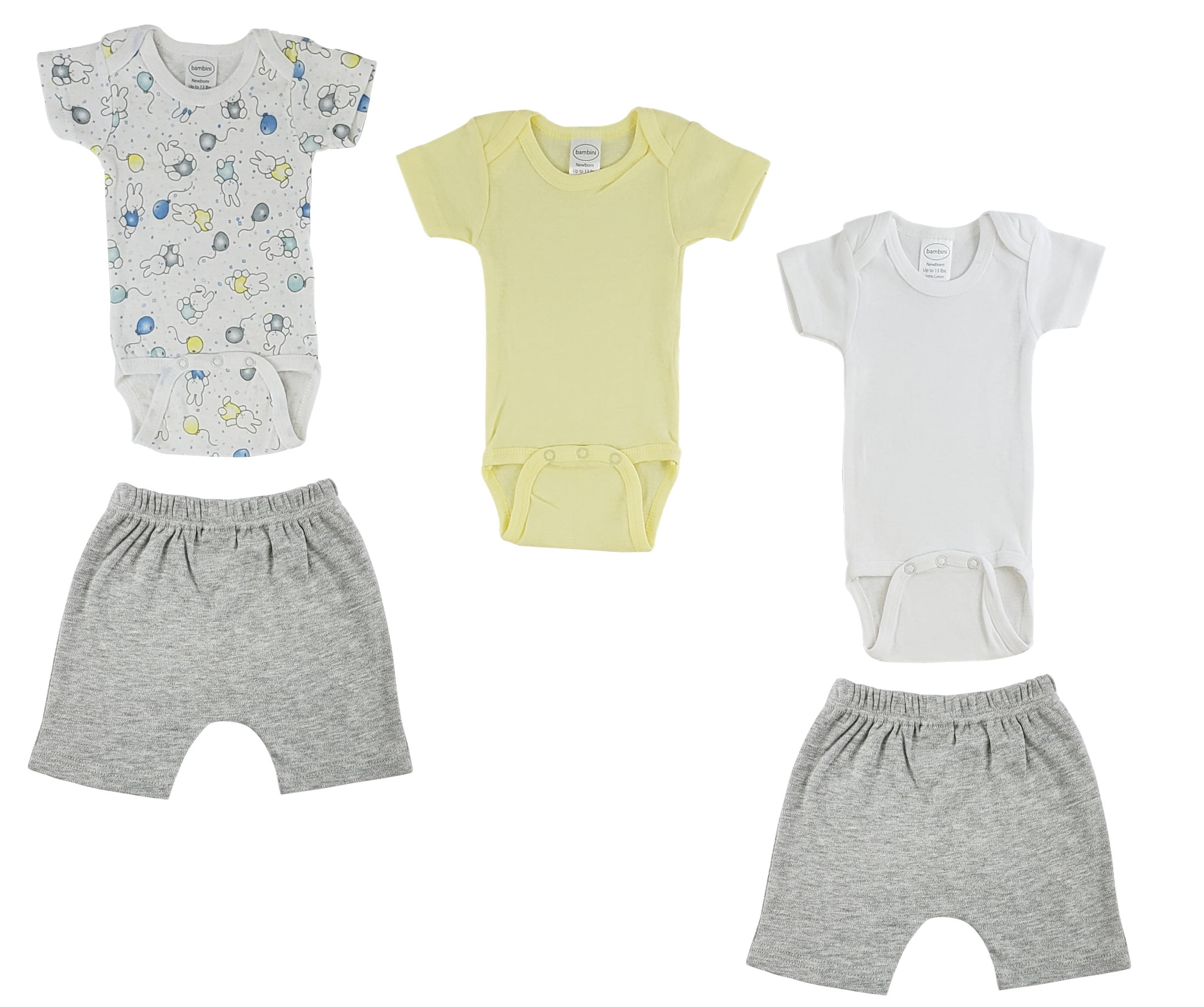 Bambini Mix N Match Short Sleeve Bodysuits & Shorts Outfit Sets, 5pc (Baby Boys or Baby Girls, Unisex)