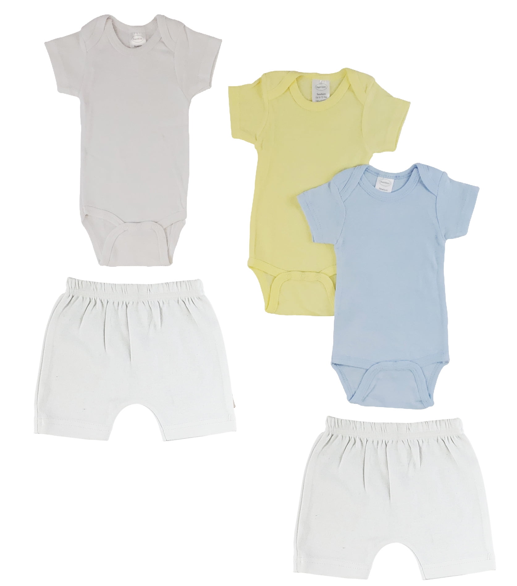 Bambini Unisex Infant Short Sleeve Bodysuits & Shorts 5pc Outfit Sets, Cotton, NB/Small/Medium/Large, White