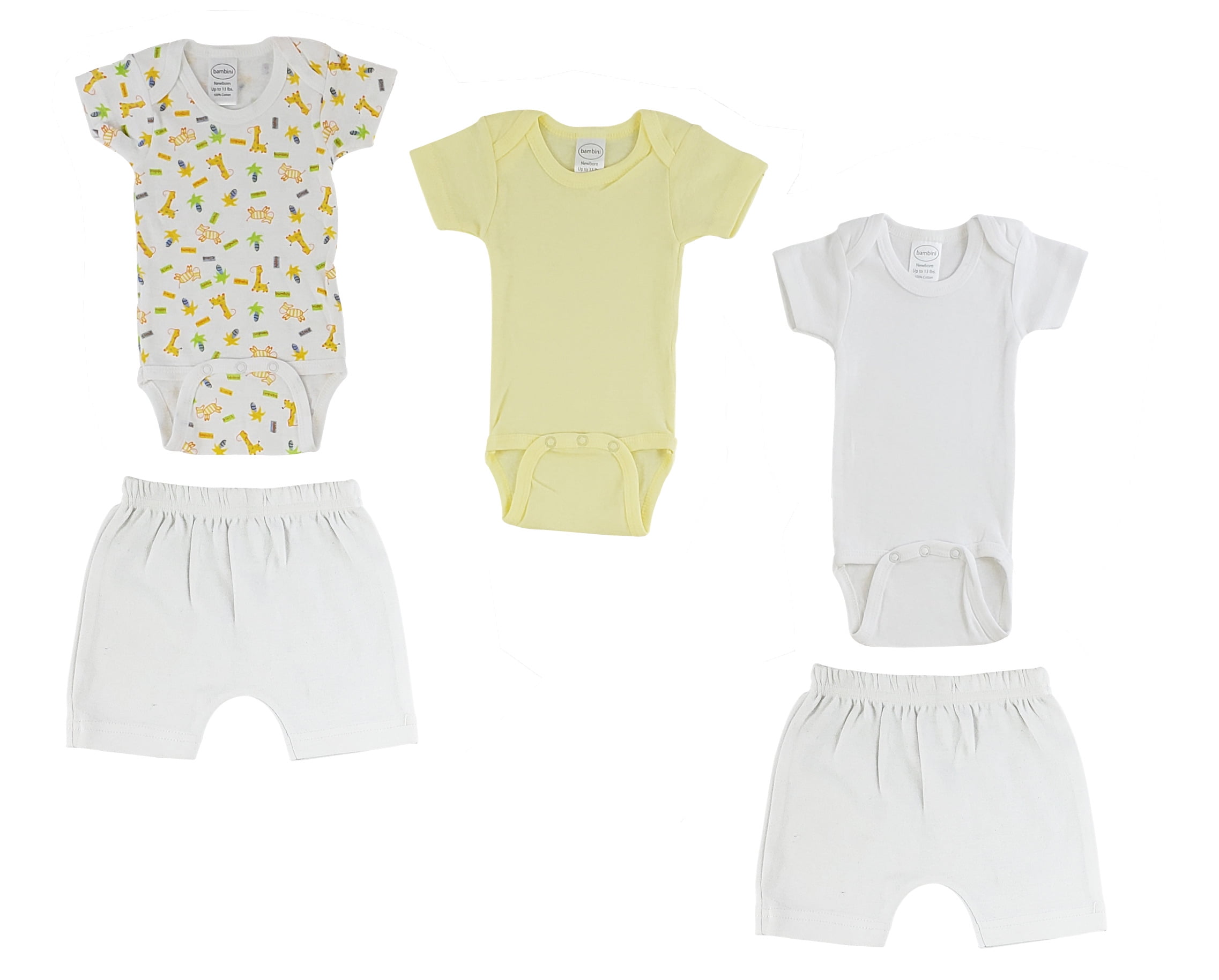 Bambini Mix N Match Short Sleeve Bodysuits & Shorts Outfit Sets, 5pc (Baby Boys or Baby Girls, Unisex)