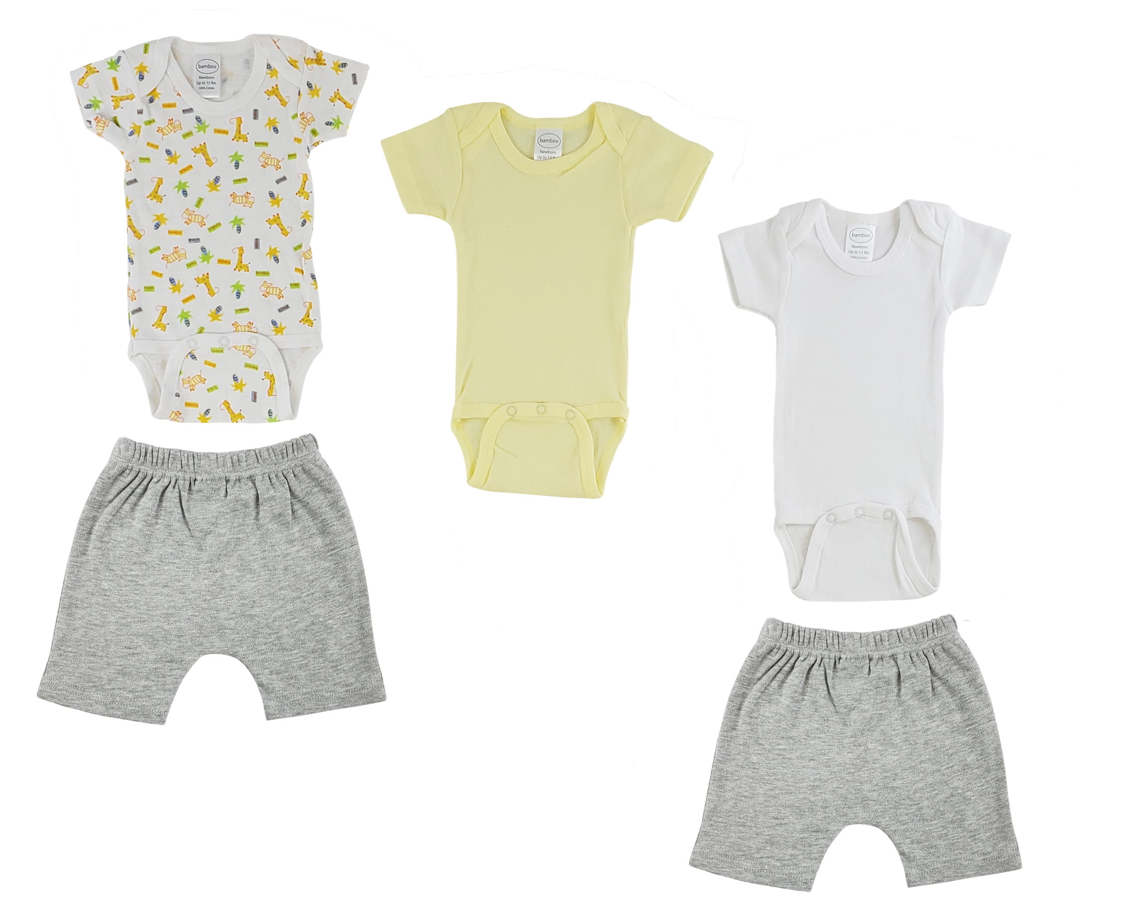 Bambini Mix N Match Short Sleeve Bodysuits & Shorts Outfit Sets, 5pc (Baby Boys or Baby Girls, Unisex)