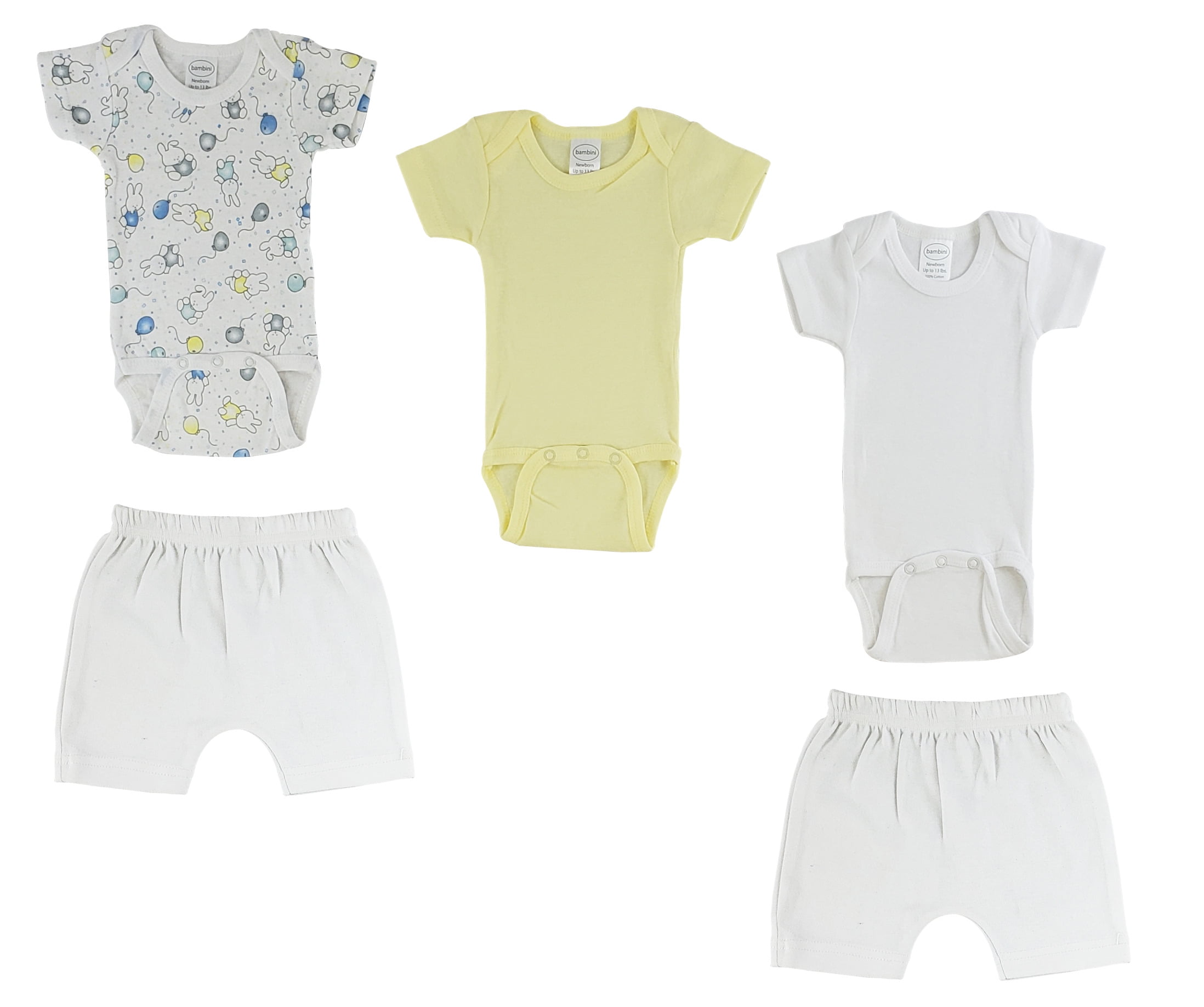 Bambini Mix N Match Short Sleeve Bodysuits & Shorts Outfit Sets, 5pc (Baby Boys or Baby Girls, Unisex)