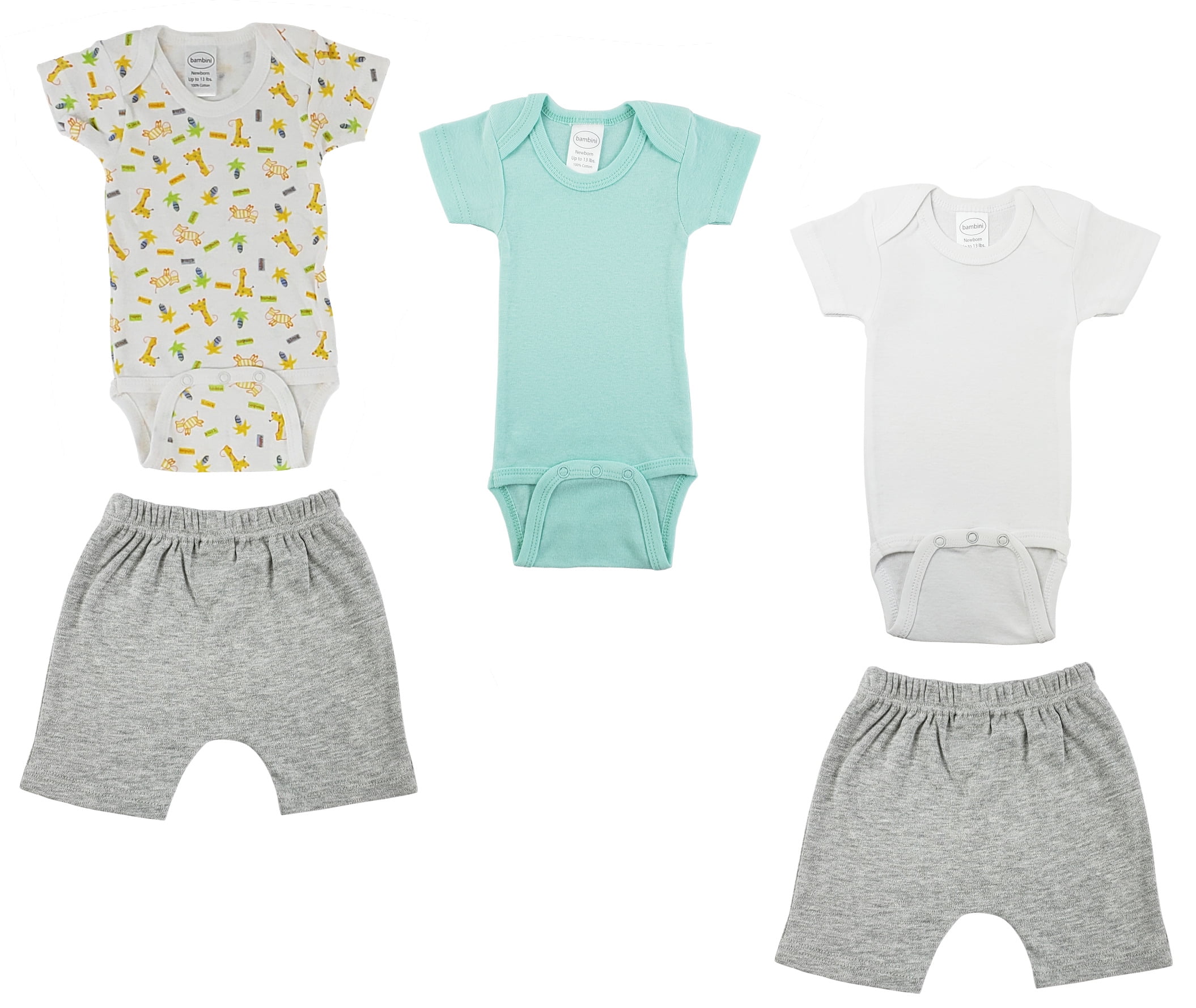 Bambini Mix N Match Short Sleeve Bodysuits & Shorts Outfit Sets, 5pc (Baby Boys or Baby Girls, Unisex)