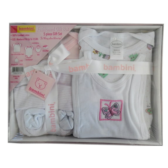 Bambini Newborn Baby Shower Layette Gift Box Set, 5pc - Pink, 100% Cotton, Baby Girls
