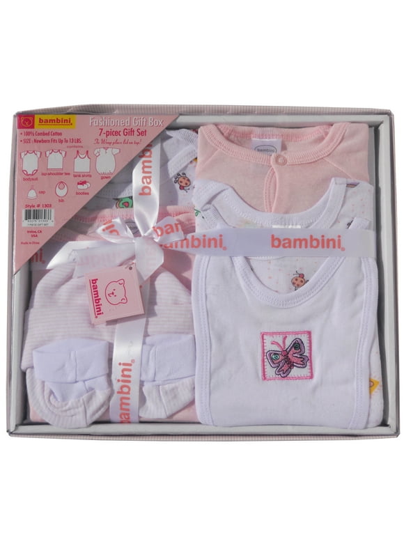 Bambini Pink Newborn Baby Shower Layette Gift Box Set, 7pc (Baby Boys Or Baby Girls, Unisex)