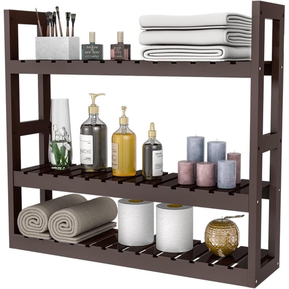 Bambloom Bamboo Bathroom Shelf 3-Tier Wall Mount Storage Rack ,Multifunctional Adjustable Layer Free Standing Over Toilet Utility Shelves Living Room Kitchen,Brown
