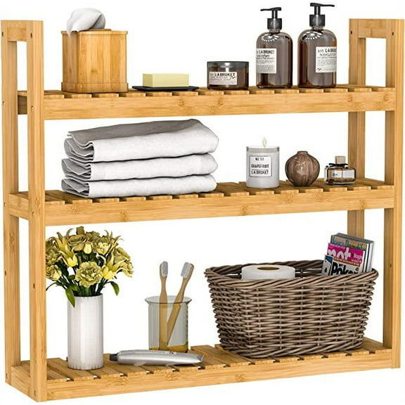 Bambloom Bamboo Bathroom Shelf 3-Tier Wall Mount Storage Rack ,Multifunctional Adjustable Layer Free Standing Over Toilet Utility Shelves Living Room Kitchen,Natural