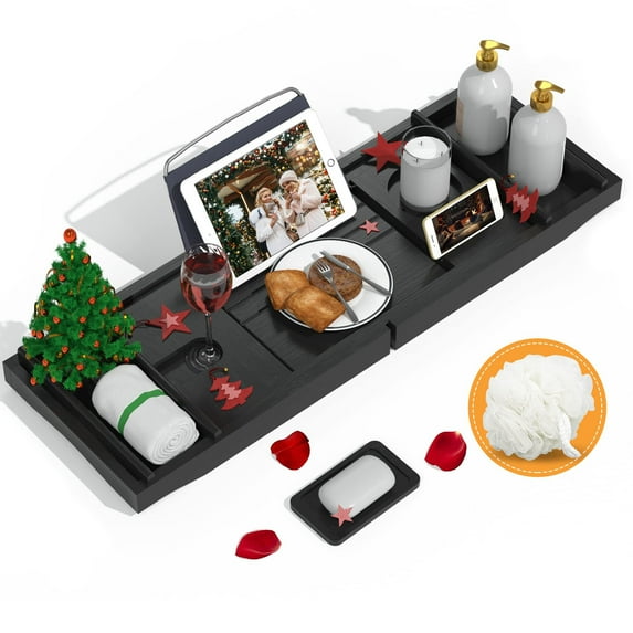 Bambloom Bamboo Bathtub Tray,Luxury Expandable Bath Tray for Tub with Bath Ball & Soap Holder,Black