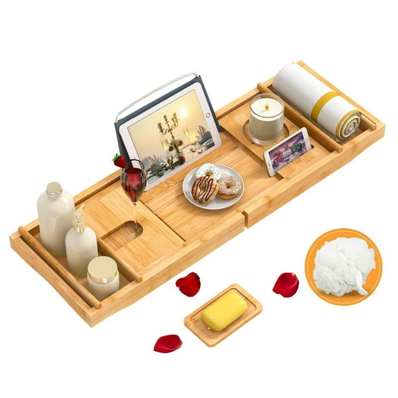 Bambloom Bamboo Bathtub Tray,Luxury Expandable Bath Tray for Tub with Bath Ball and Soap Dish,Yellow