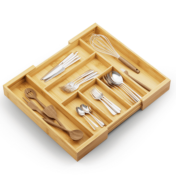 Bambloom Bamboo Expandable Cutlery Drawer，Utensil Silverware Drawer Organizer for Kitchen，with 5 Compartment