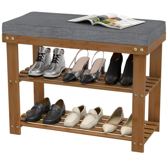 Bambloom Bamboo Shoe Rack Bench,3-Tier Shoe Organizer for Entryway,Walnut