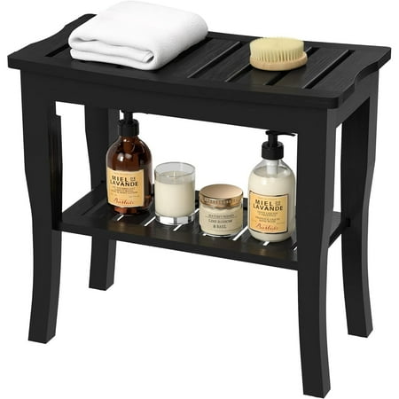 Bambloom Bamboo Shower Bench,Waterproof Non-Slip Shower Stool with Shelf,Black