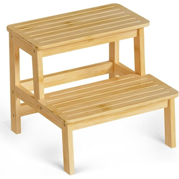 Bambloom Bamboo Two Step Stool for Adults and Kids, Bed Stepstool with Anti-Slip Bottom, Heavy Duty for Kitchen, Bathroom, Bedside Step Stool, Wooden Step Stairs 300 lbs Capacity,Bamboo