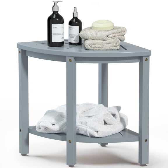 Bambloom Corner Shower Bench,Bamboo Shower Stool Seat with Storage Shelf,Gray
