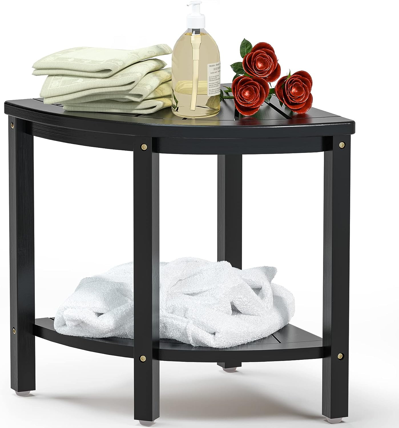 Bambloom Corner Shower Bench,Bamboo Shower Stool with Storage Shelf