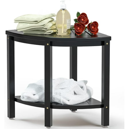 Bambloom Corner Shower Bench,Bamboo Shower Stool with Storage Shelf,Black