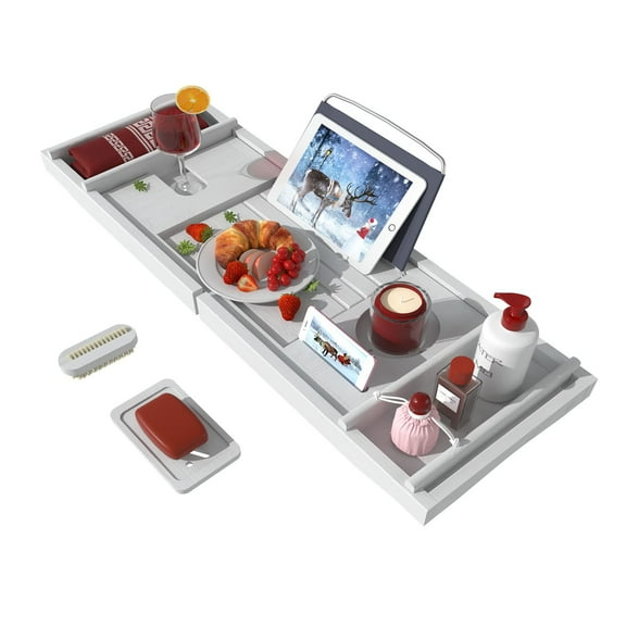 Bambloom Expandable Bathtub Tray,Bamboo Bath Tub Tray Table with Nail Brush & Soap Holder,White