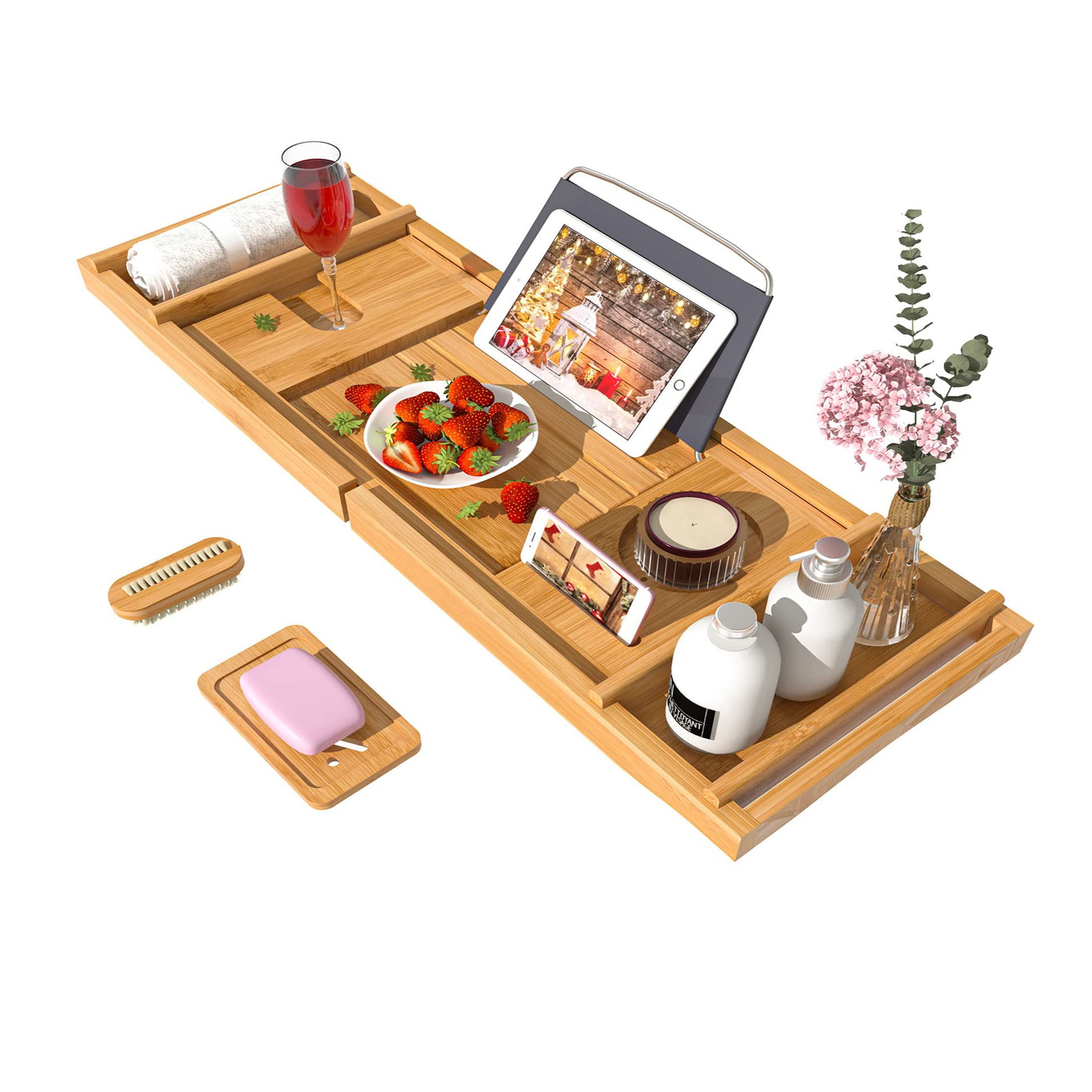 Bambloom Expandable Bathtub Tray Caddy,Bamboo Bath Table Tray with Soap