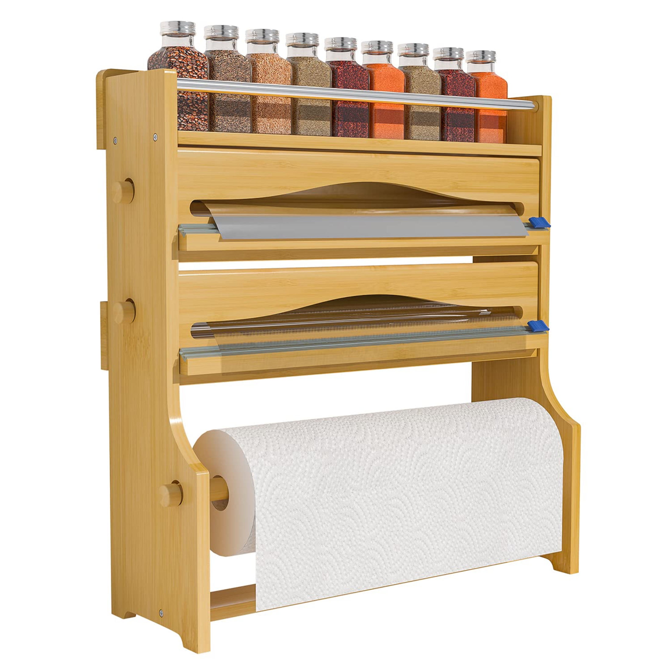 Bambloom Foil Plastic Wrap Organizer Dispenser,Wall Mounted Paper Towel Holder & Spice Shelf, 4 in 1 Bamboo Kitchen 12" Roll Dispenser with Cutter