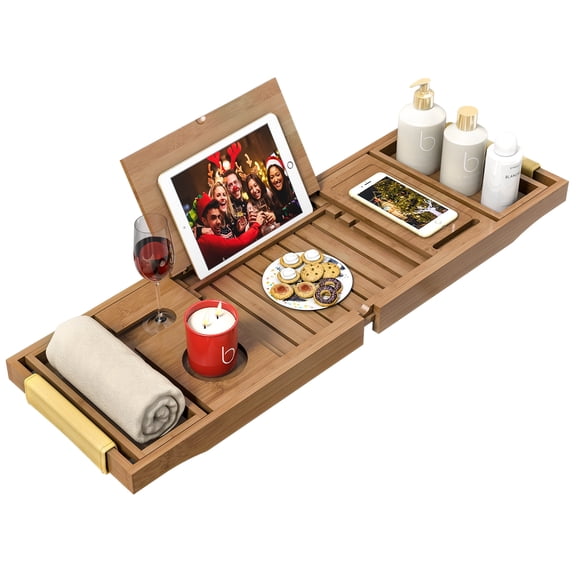 Bambloom Luxury Bathtub Tray,Bamboo Bathtub Table Tray with Premium Leather Grip and Non-Slip Pat,Walnut