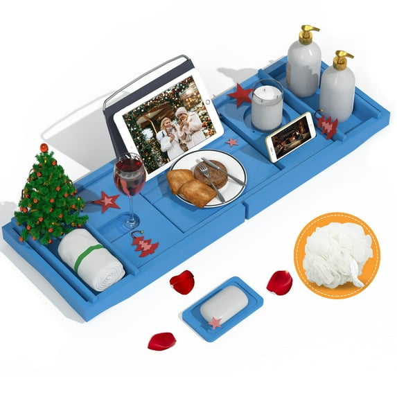 Bambloom Luxury Bathtub Tray,Bamboo Expandable Bath Tub Tray Table with Bath Sponge & Soap Holder,Blue