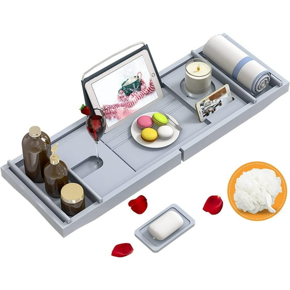 Bambloom Luxury Bathtub Tray,Bamboo Expandable Bath Tub Tray Table with Bath Sponge & Soap Holder,Gray