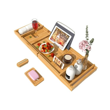 Bambloom Luxury Bathtub Tray,Bamboo Expandable Bath Tub Tray Table with Brush & Soap Holder,Natural