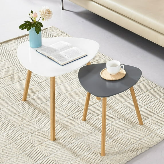 Bambloom Modern Nesting Coffee Table,Triangle Wood End Tables for Living Room,Gray
