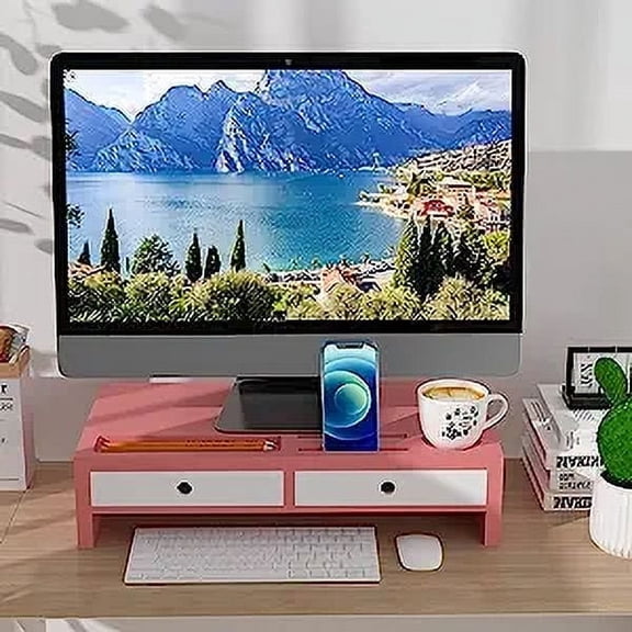 Bambloom Monitor Stand Riser and Computer Wood Desk Organizer with Drawer and Pen Holder for Laptop, Computer, iMac, 20.5Inch,Pink & White