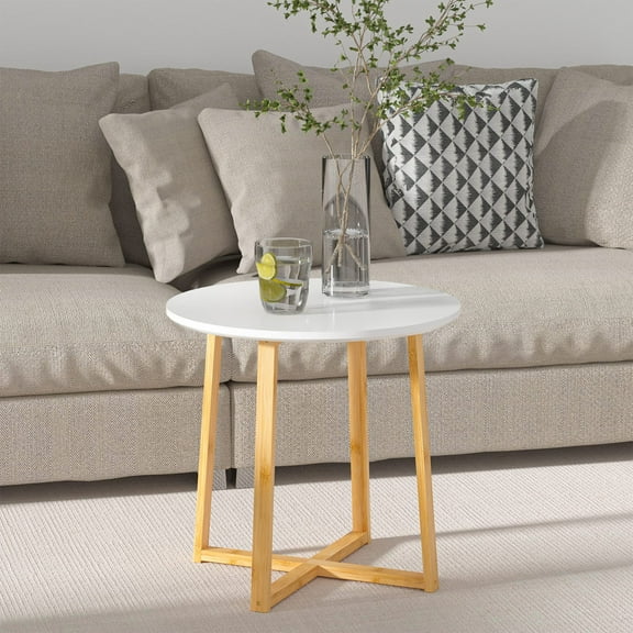 Bambloom Side Table,Modern White Small Coffe Table for Living Room,19.6x18.4in