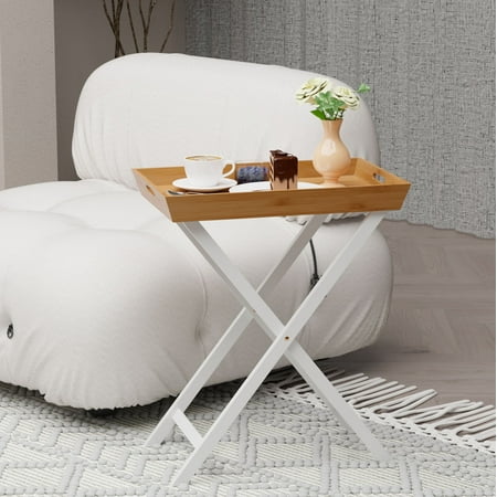 Bambloom Foldable TV Tray Table, Bamboo Sofa Side Table with Built-in Steel Handles, Portable Snack Table with Detachable Tray, No Assembly Required