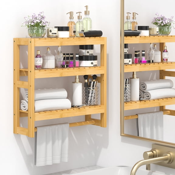 Bambloom Over The Toilet Storage Bathroom Shelves,Wall Mounted 3 Tier Space Saver Corner Shelf Organizer,Bamboo Towel Rack Toilet Paper Cabinet with Hanging Rod,Natural