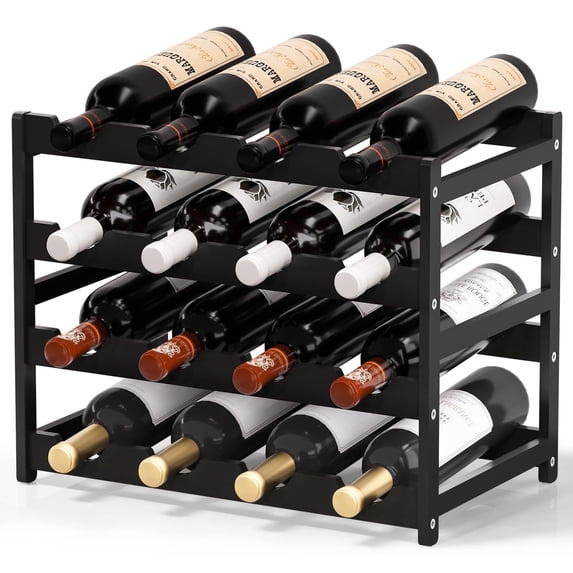 Bambloom Wine Rack,Bamboo Freestanding Floor Wine Bottle Holder,4-Tier Wine Storage Racks,Black