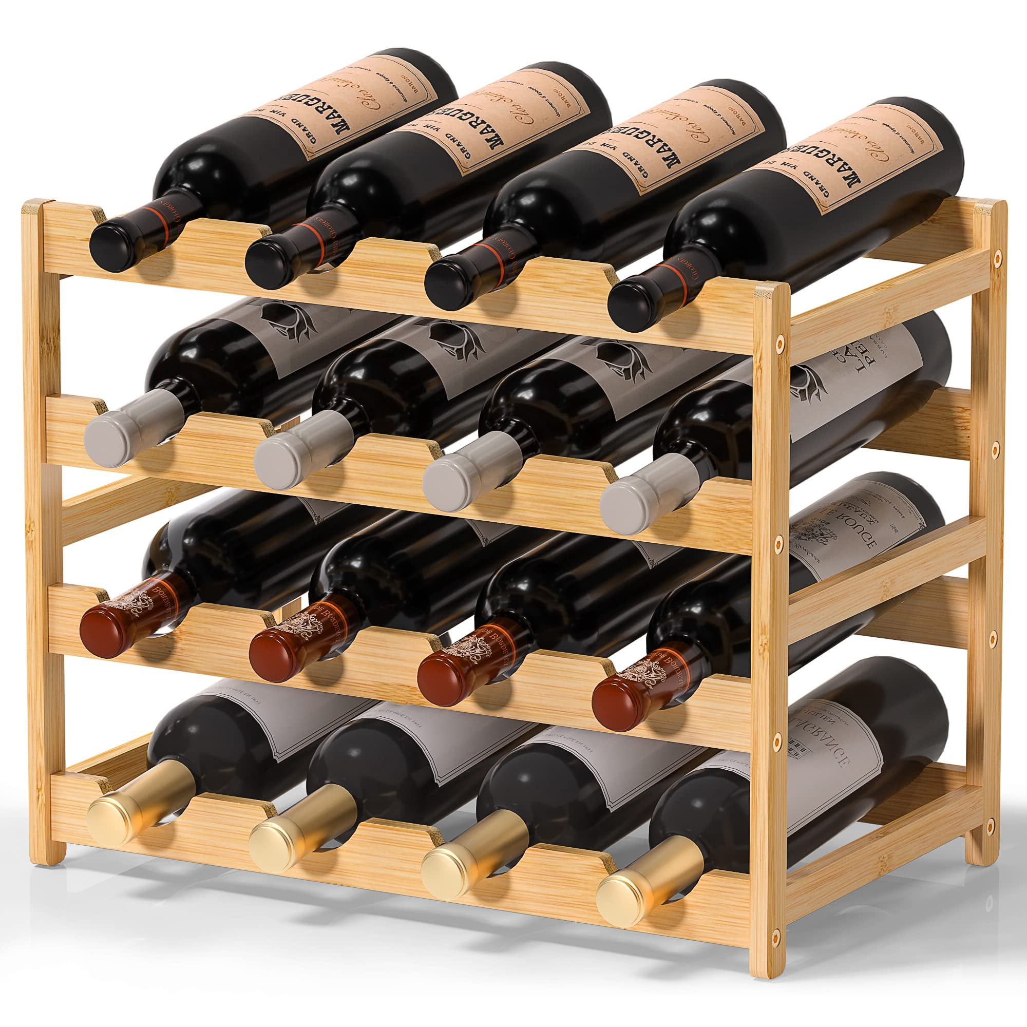 Bambloom Wine Rack,Bamboo Freestanding Floor Wine Bottle Holder,4-Tier ...