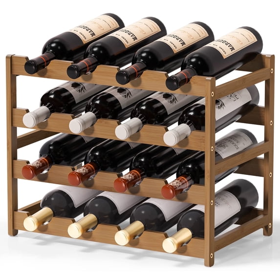 Bambloom Wine Rack,Bamboo Freestanding Floor Wine Bottle Holder,4-Tier Wine Storage Racks,Walnut