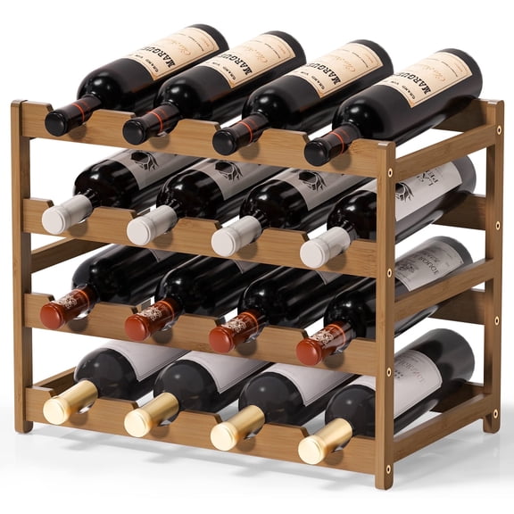 Bambloom Wine Rack,Bamboo Freestanding Floor Wine Bottle Holder,4-Tier Wine Storage Racks,Walnut
