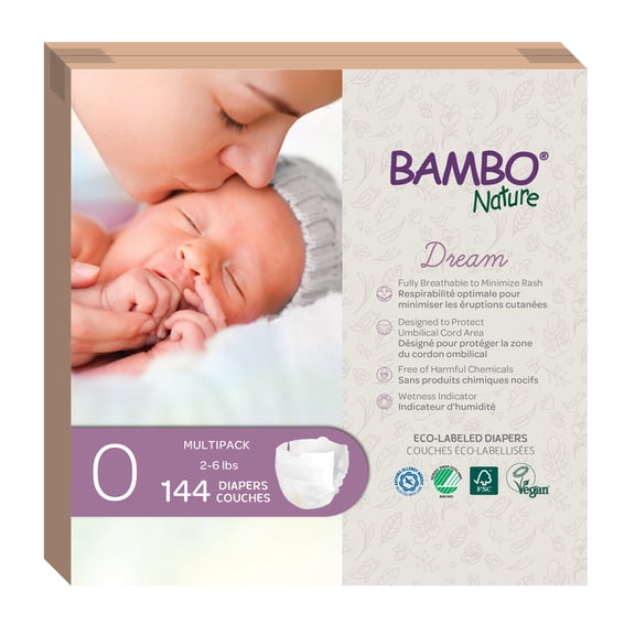 Bambo Nature Hypoallergenic Dream Baby Diapers, Premium Eco-Labeled Sustainable Diapers, Enhanced Leakage Protection, Totally Chlorine-free, Skin Friendly, and Super Absorbent - Size 0 (144 Count)