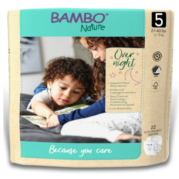 Bambo Nature Overnight Diapers, Eco-Friendly Disposable Baby Diapers - Size 5, 27-40 lbs, 22 Count, 1 Pack