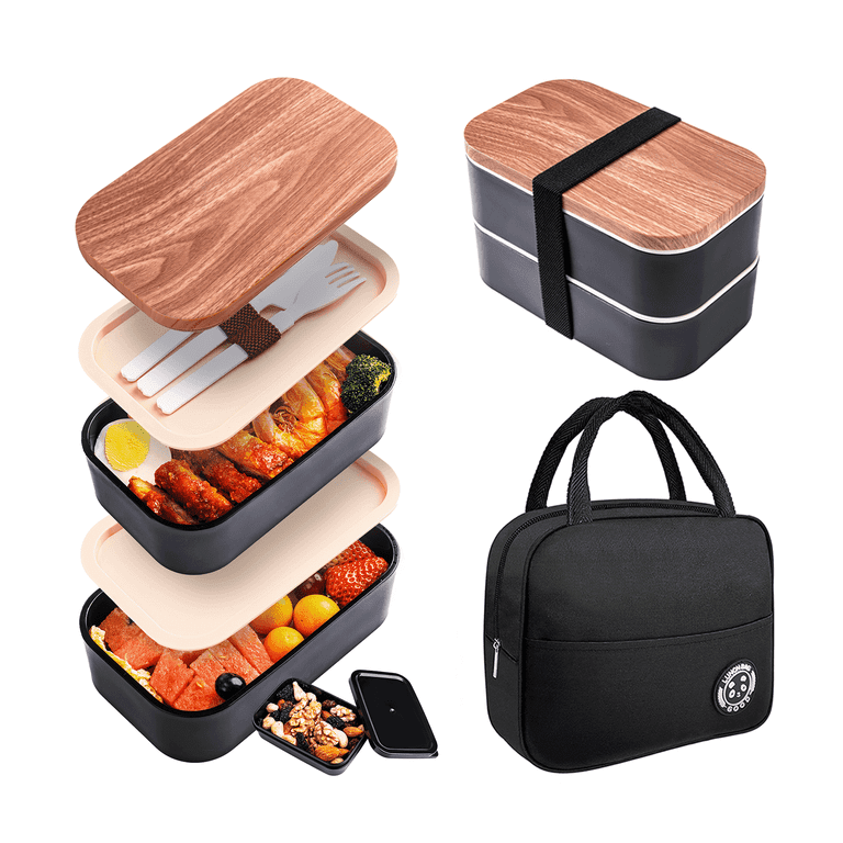 Japanese Bento Box Set: 2 Layer Lunch Container, Bamboo Board Lid